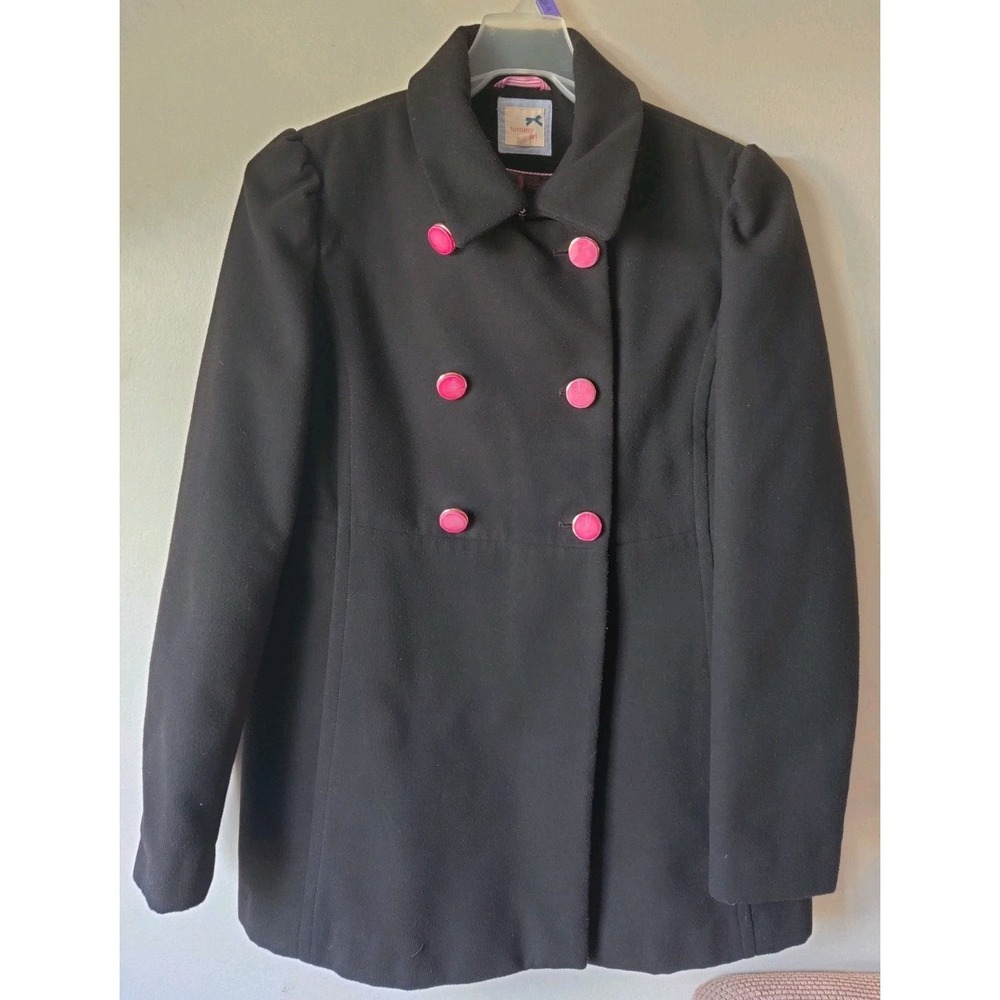 Tommy Girl Tommy Hilfiger Black Double Breast Pea Coat Pink Buttons Size‎ Large